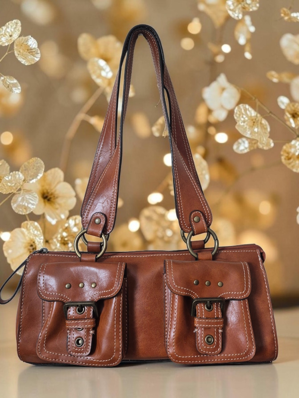 Cato Brown Faux Leather Shoulder Bag with Dual Buckle Front Pockets